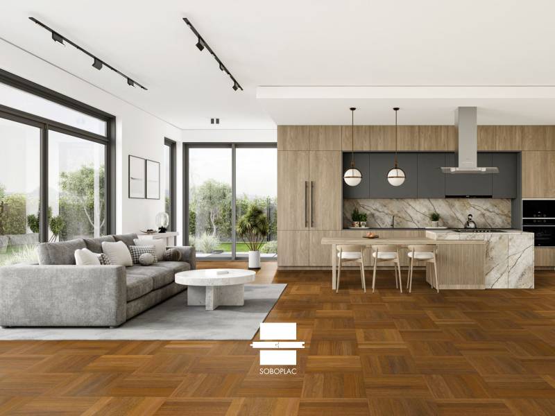 Exotique Merbau Modulo Pose en damier 15x90 - Parquet massif verni